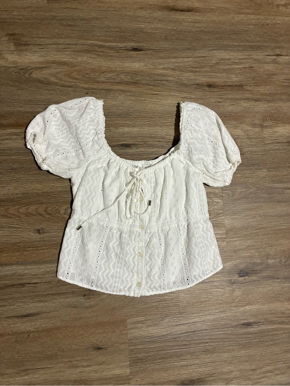 White Eyelet Puff-Sleeve Button-Front babydoll top